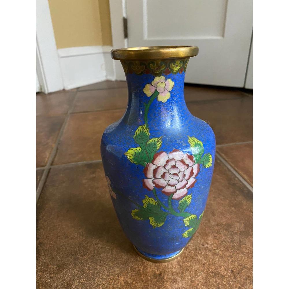 Blue Antique Vintage Japanese Hand Painted Floral Vase